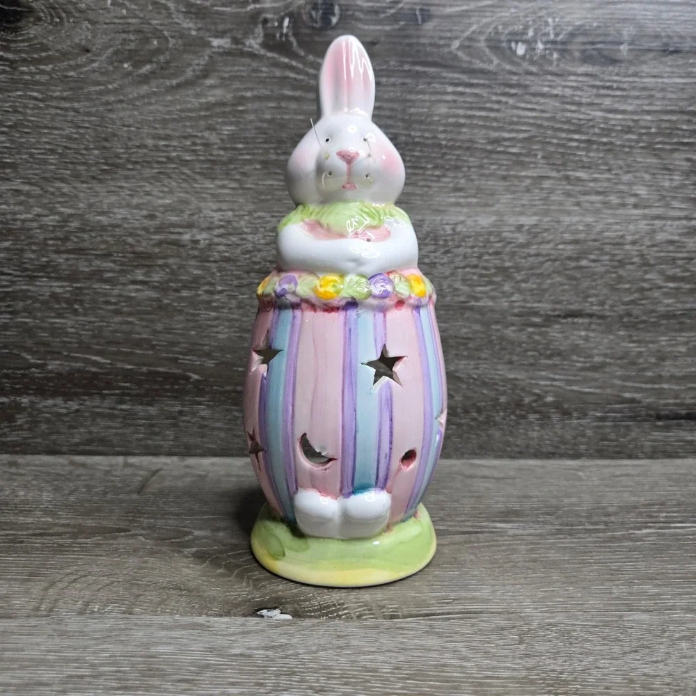 Ceramic Easter Bunny Rabbit Tealight Candle Holder Pastel Stripe Star Cutout